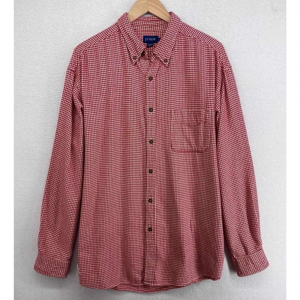 J.CREW Shirt Mens L Flannel Houndstooth Button Down Long Sleeve Cotton Red